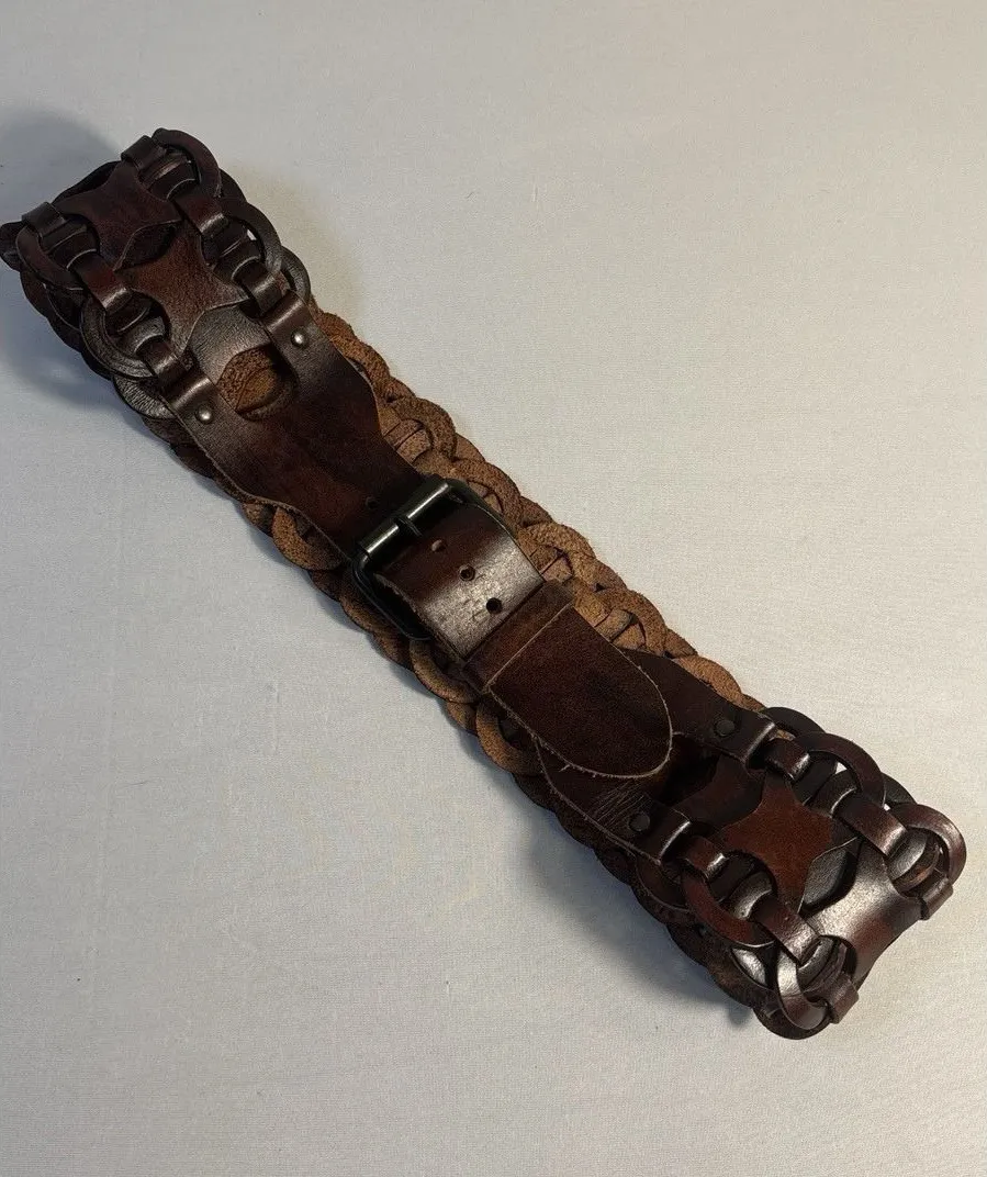 Wide Woven Genuine Leather Women Brown Belt Boho Braided Size Medium Festival