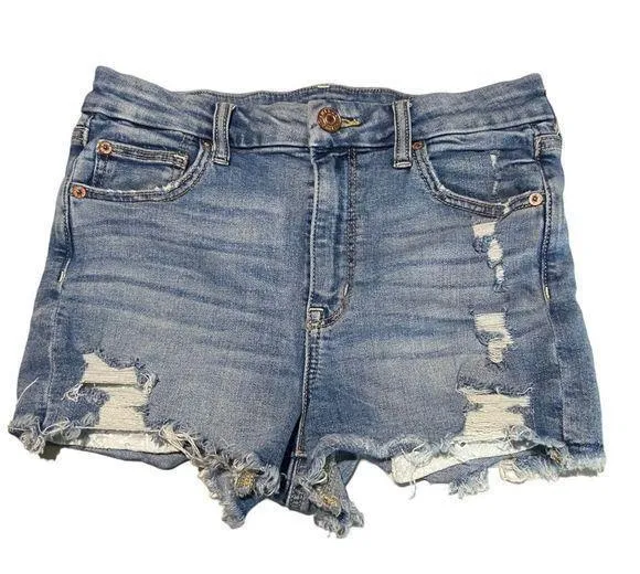 American Eagle Size 4 Curvy High Rise Shortie Light Wash Distressed Jean Shorts