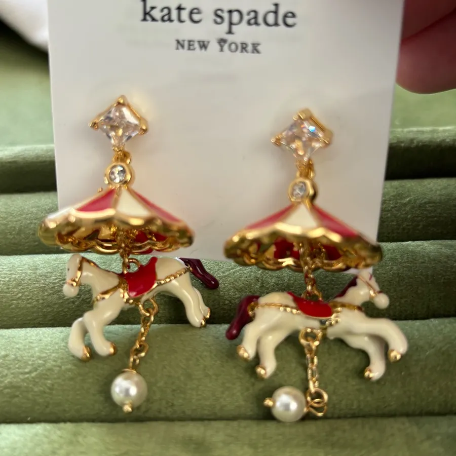 NWOT kate spade Carousel Horse Drop Earrings in Red, Cream & Gold