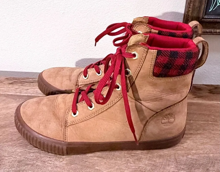 Timberland Plaid Roll Top Boots Tan Nubuck Buffalo Check Women 9 Fall Autumn
