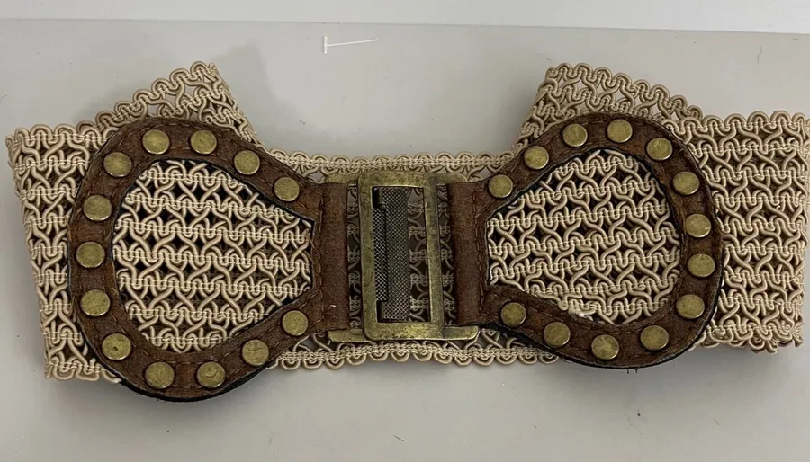 VTG Braided Elastic Waist Belt XL Faux Leather Studded Boho Western Festival Tan