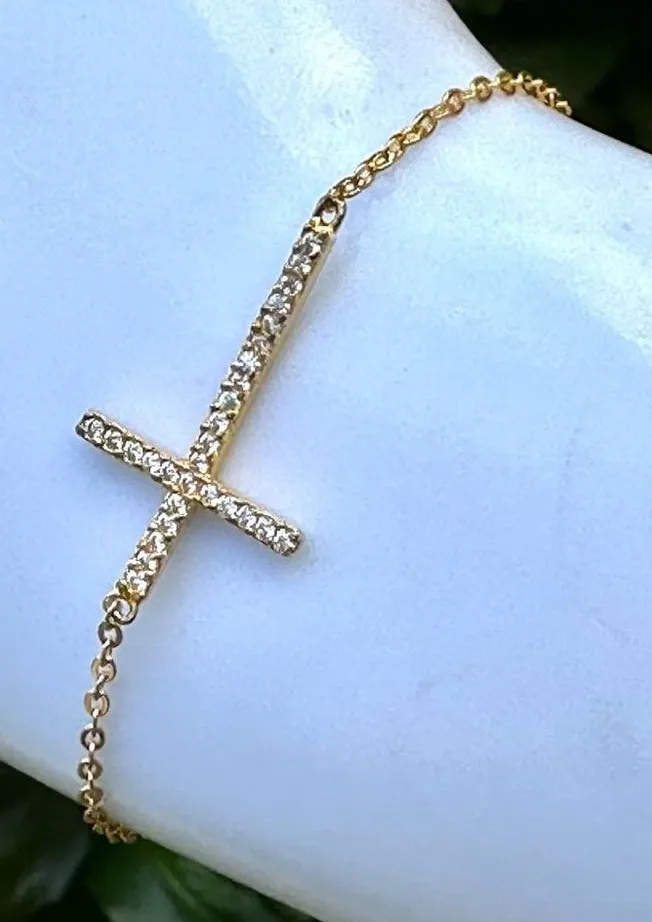 sterling forever Sterling silver gold tone rhinestone cross bracelet