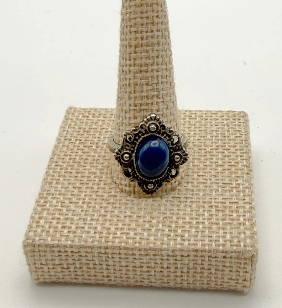 Blue Silver Tone Statement Ring Filigree Victorian Style Goth Whimsigoth
