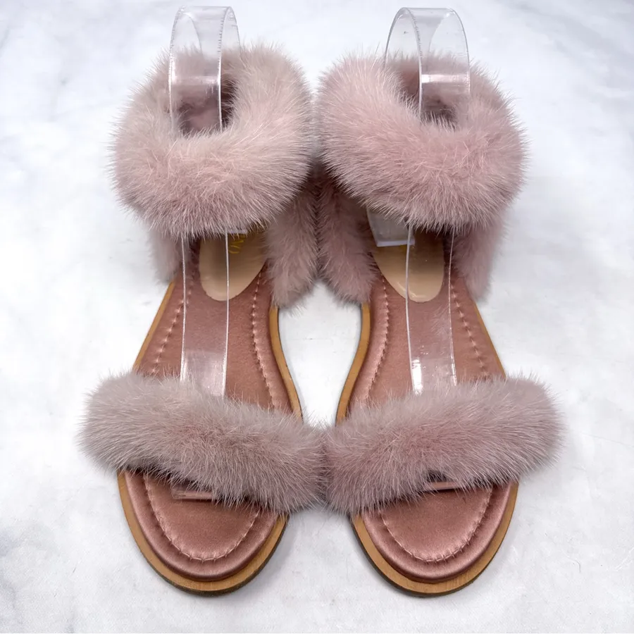 Valentino Garavani Mink Fur Wrap Wround Ankle Strap Flat Sandal Shoes Pink 36