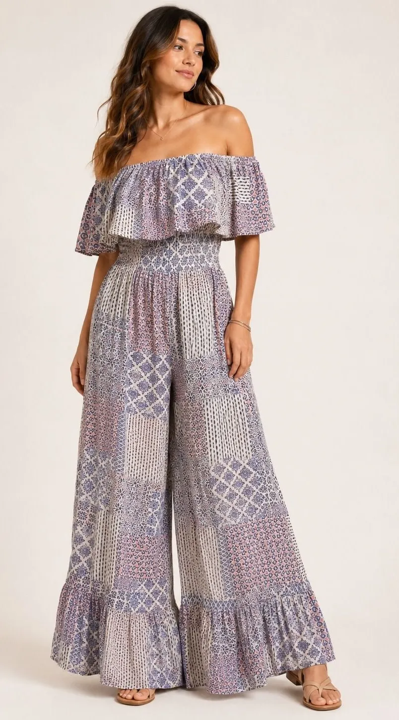 ILLA ILLA Patchwork Jumpsuit Womens L Blue Boho Off Shoulder Wide Leg Rayon