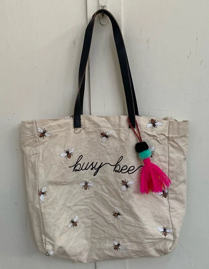 Bee Print Canvas Tote Bag Leather Handles Tassel Charm Black