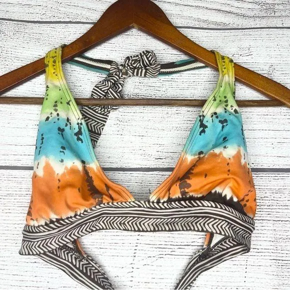 Billabong Colorful Tie-Dye Halter Bikini Top Size Large Brown Orange Blue Green