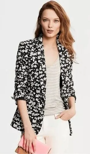 Banana Republic Floral Blazer Womens Black White Size 0 (T1)