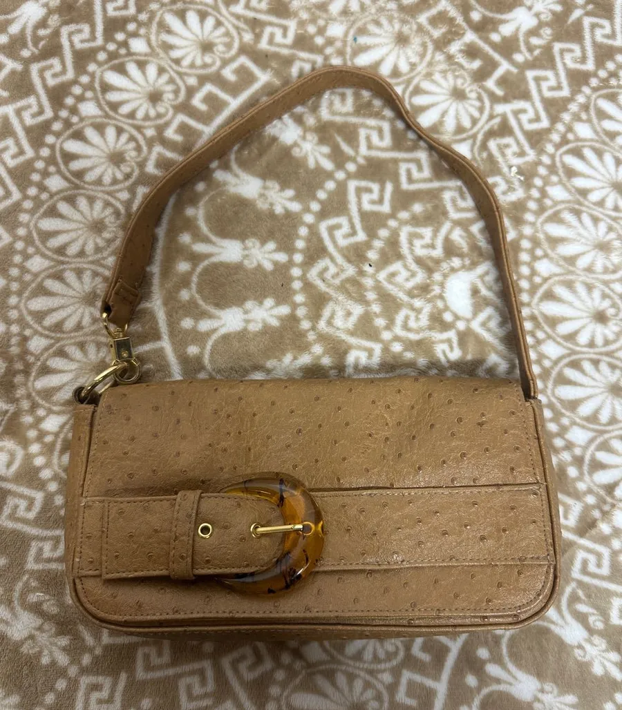 Leslie Fay Camel Ostrich-Texture Shoulder Bag with Tortoiseshell Buckle