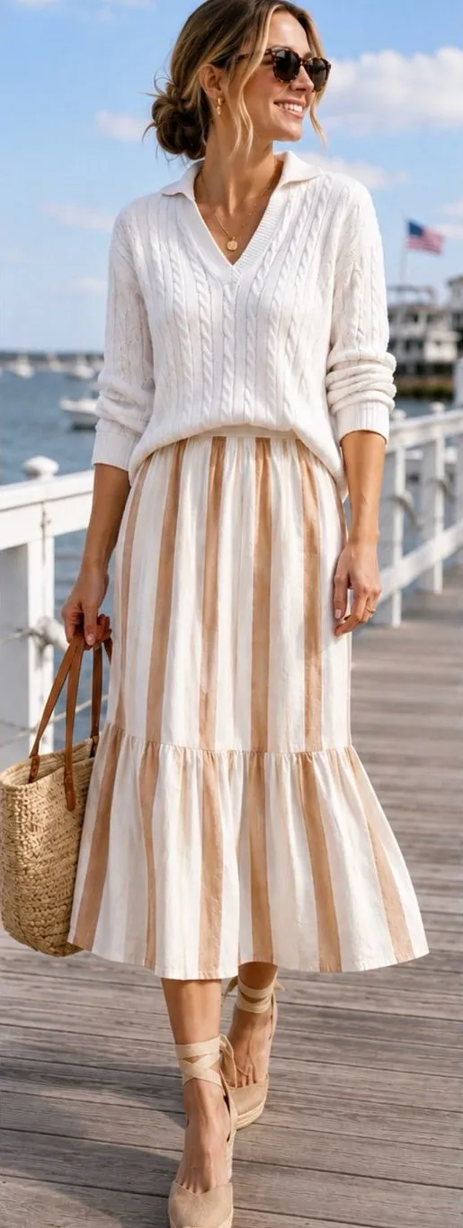 💥Madewell Linen Blend Wide Stripe Tiered Midi Skirt Cream Sand Pull-On Size S🧡