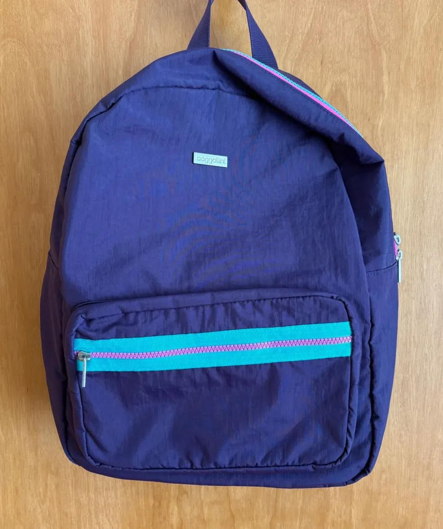 Baggallini Purple Nylon Backpack Teal Pink Zipper Accents Lightweight Travel Bag
