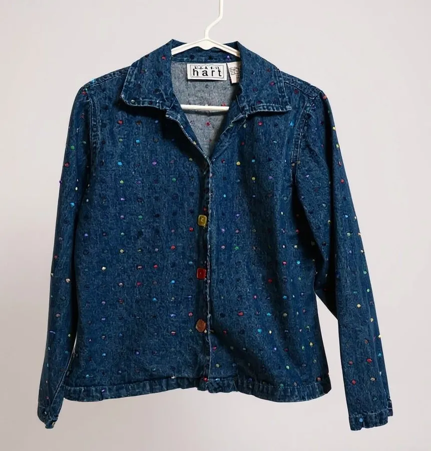 Keren Hart Denim Jacket Rainbow Polka Dot Square Button Up Jean Top Large Blue