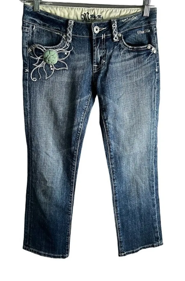Miss Me Thick Stitch Embellished Floral Denim Capris