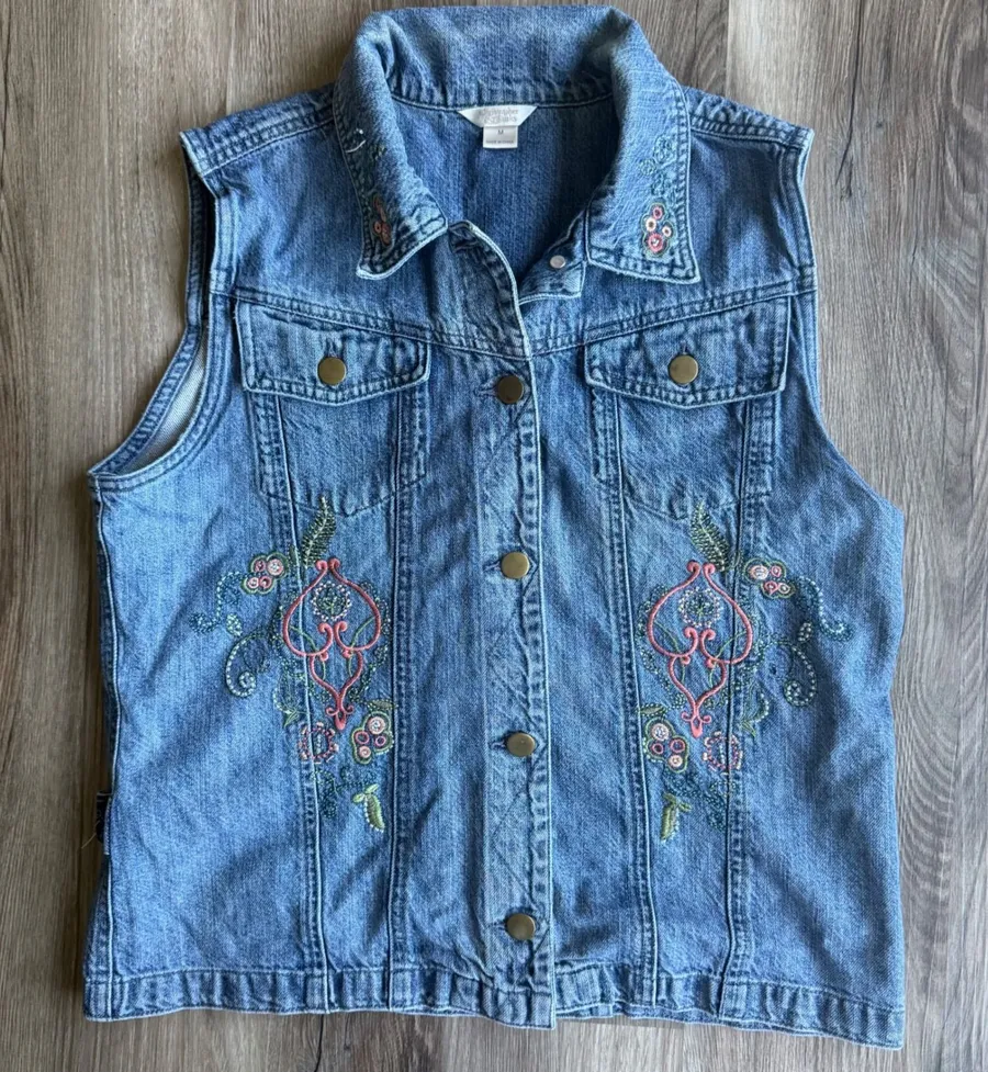 Vintage Denim Vest Womens Medium Blue Embroidered Floral Cotton Boho