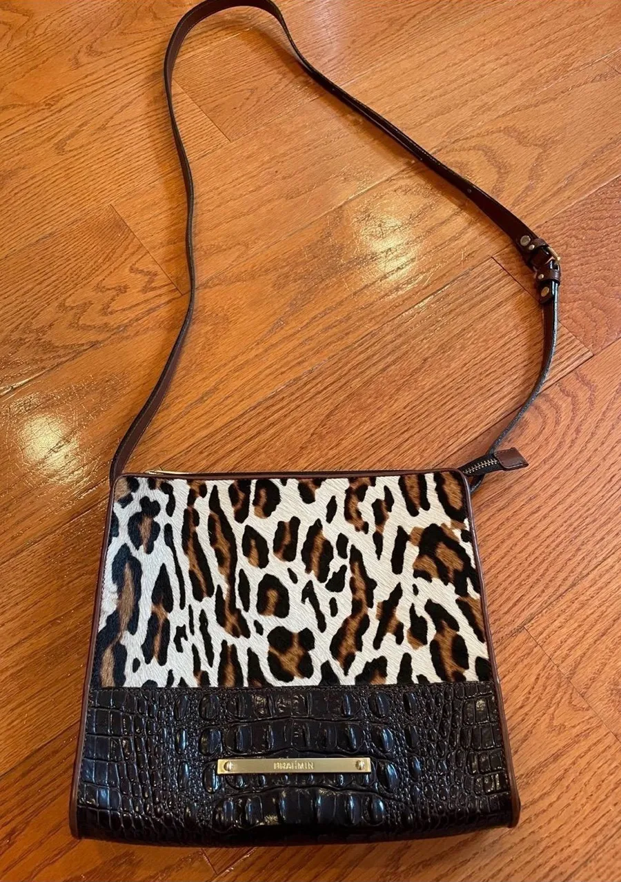 Brahmin Leopard Haircalf Crossbody Bag Croc Embossed Leather Animal Print
