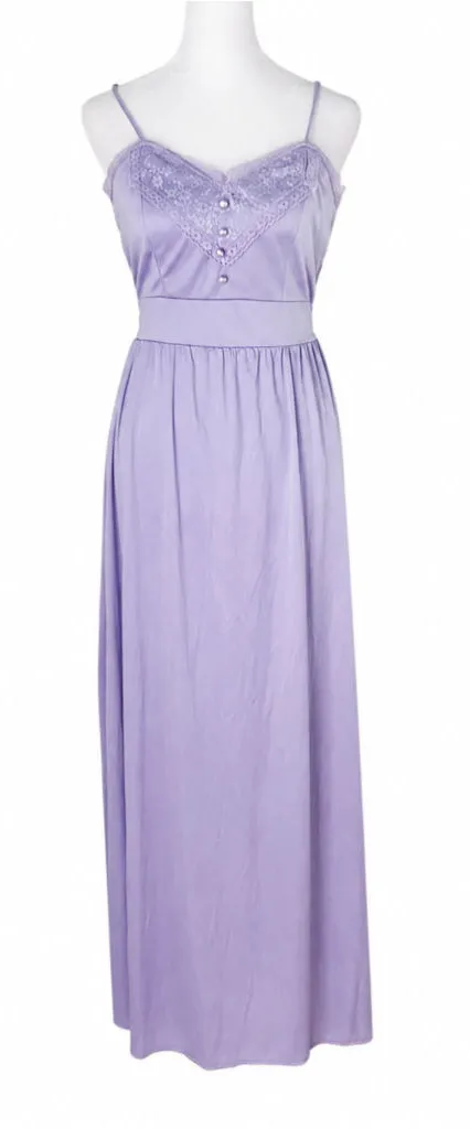 Vtg 1970's Satin Slip Dress Lace Trim ILGWU Union Made Maxi Coquette Fem Regency Purple