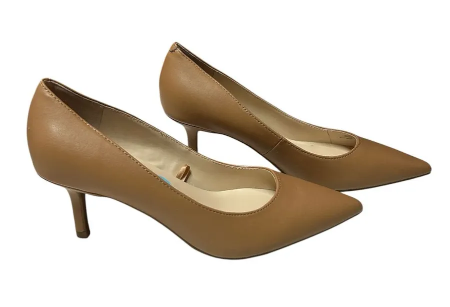Marc Fisher light brown matte leather pointed toe slender kitten heel pumps