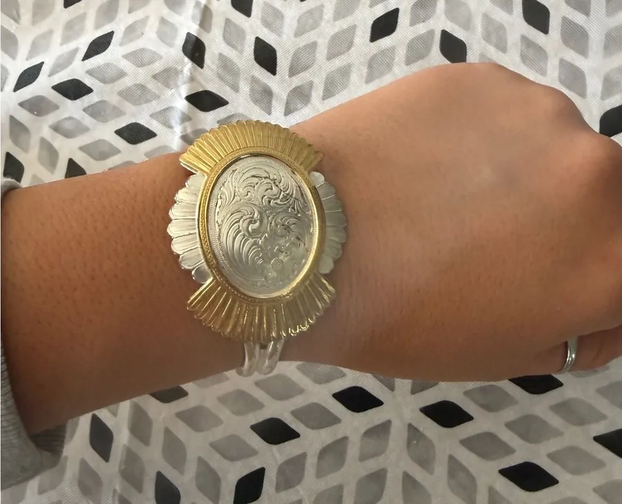 Western Two Tone Engraved Sunburst Cuff Bracelet Silver Gold Scalloped Scroll