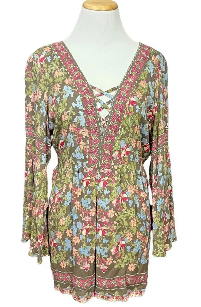Angie Boho Mixed Floral Print Bell Sleeve Romper Green Pink M