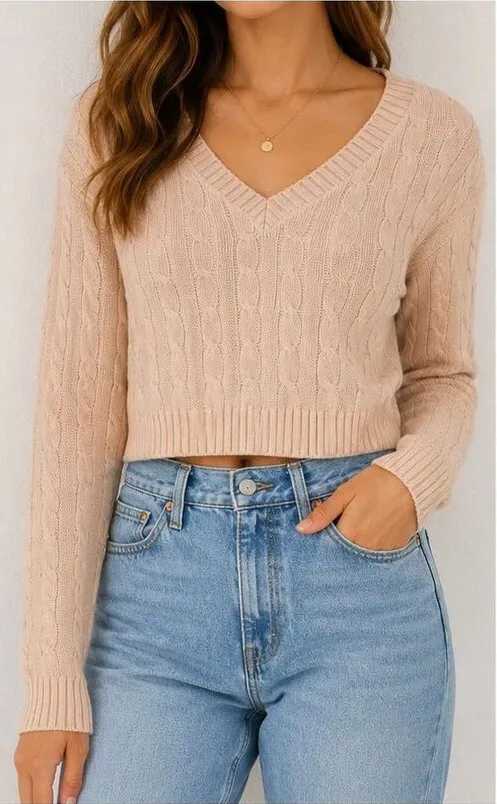 Brandy Melville Cable Knit V-Neck Cropped Sweater Blush Pink One Size