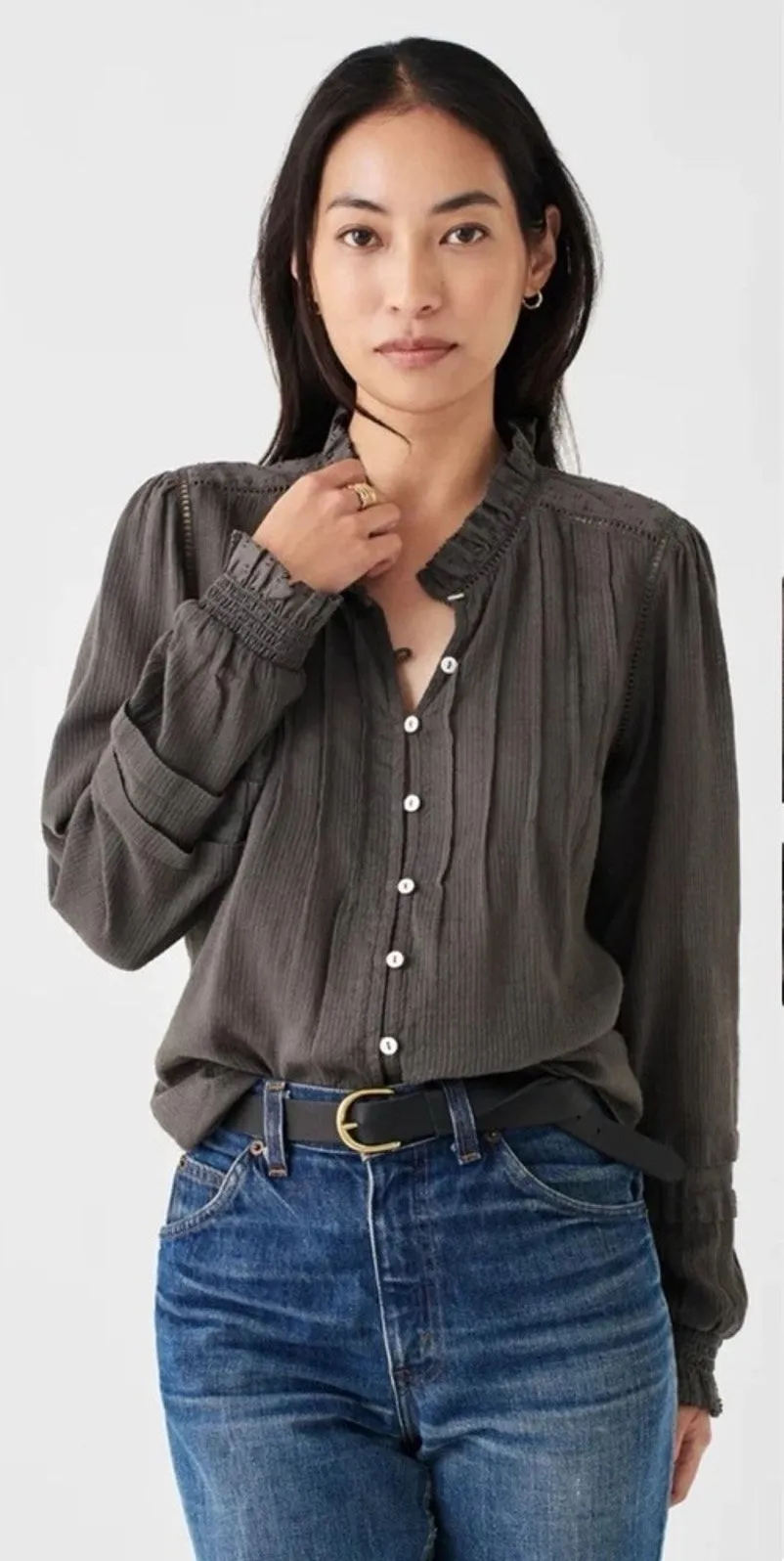 Faherty Button Shirt Top Willa Ruffle Gray Blouse Organic Cotton Size XL NWT NEW
