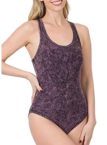 Zenana Mineral Wash Racerback Tank Bodysuit