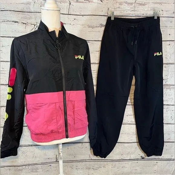 FILA Track Jacket & Pants Black w Pink/Yellow-Medium/Large
