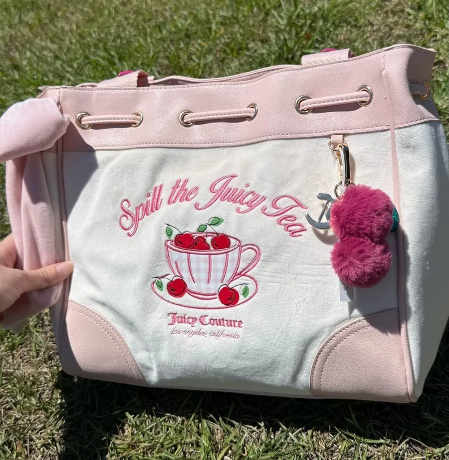 Juicy Couture Spill The Juicy Tea Cherry Tote Bag Pink Cream Shopper New