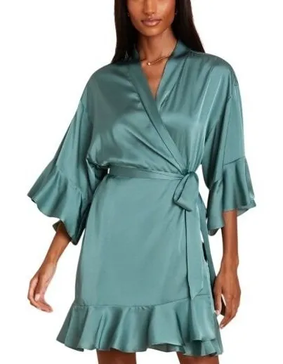 Birdy Grey M/L Teal Blue Satin Bell Sleeve Robe Bridal Bachelorette Morning GRWM