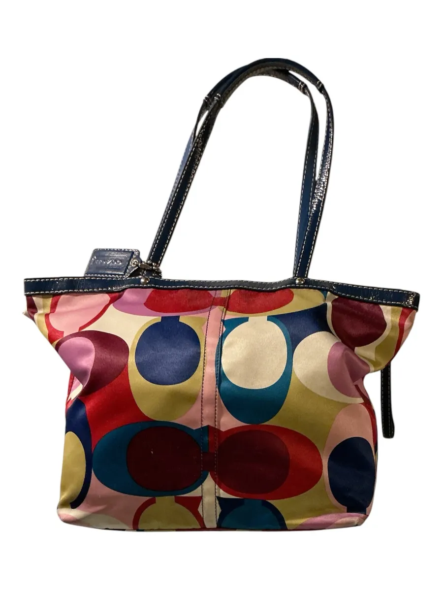 Authentic Vintage Coach Y2K Scarf Print Satin Tote | Navy Patent Leather Trim F15183