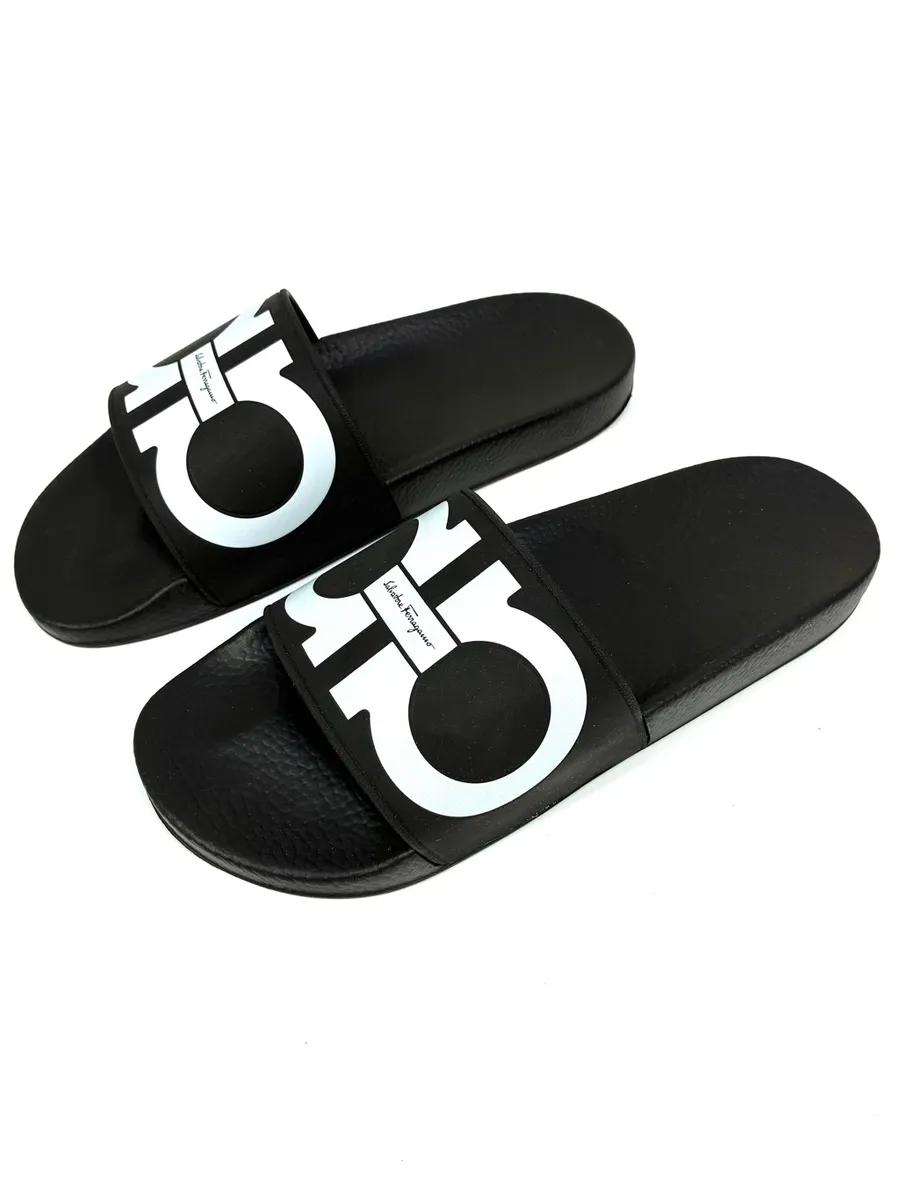 Salvatore Ferragamo Groovy 6 Dual Gancini Sport Pool Slide Sandal Black 10M NWT