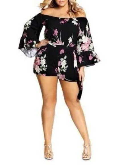 City Chic Floral Print Off Shoulder Bell Sleeves Romper Playsuit 14 No Belt