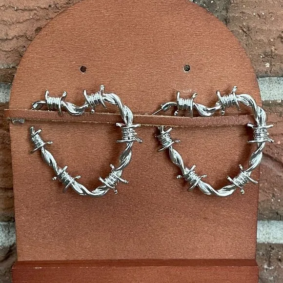 Barbed Wire Heart Hoop Earrings Silver