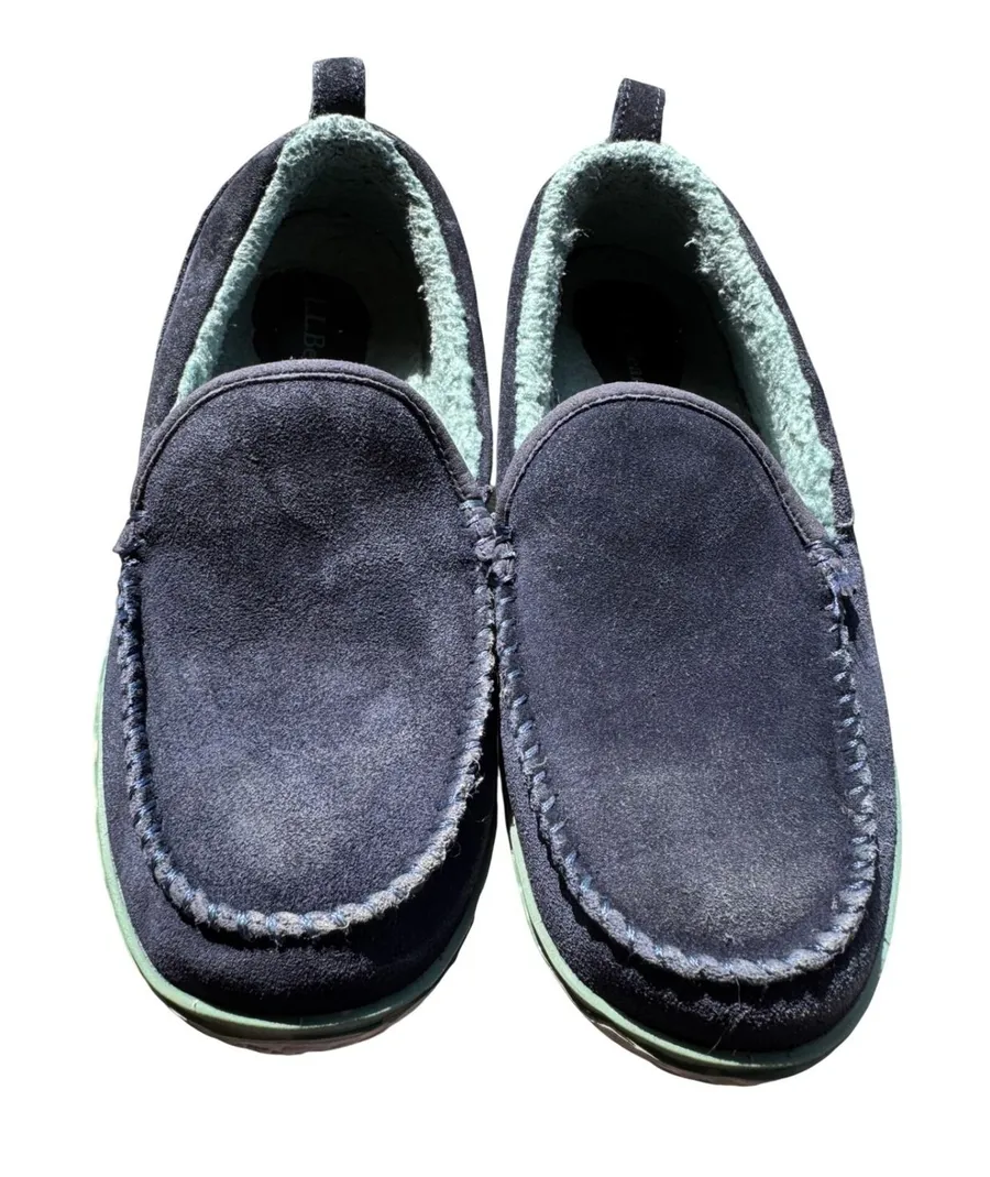 LL Bean Womens 9 Wicked Good Camp Mocs Navy Blue Suede Fleece Slippers