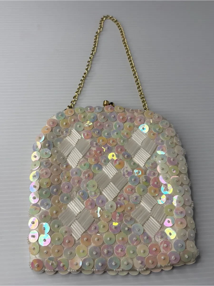 Vintage White Iridescent Sequin Beaded Evening Bag Purse Bridal Flapper Glam