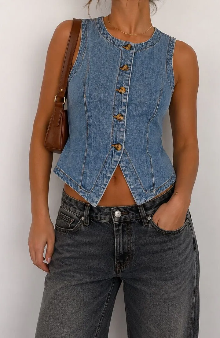 Velvet Heart Denim Button Front Corset Vest Top Size Small NWT $98