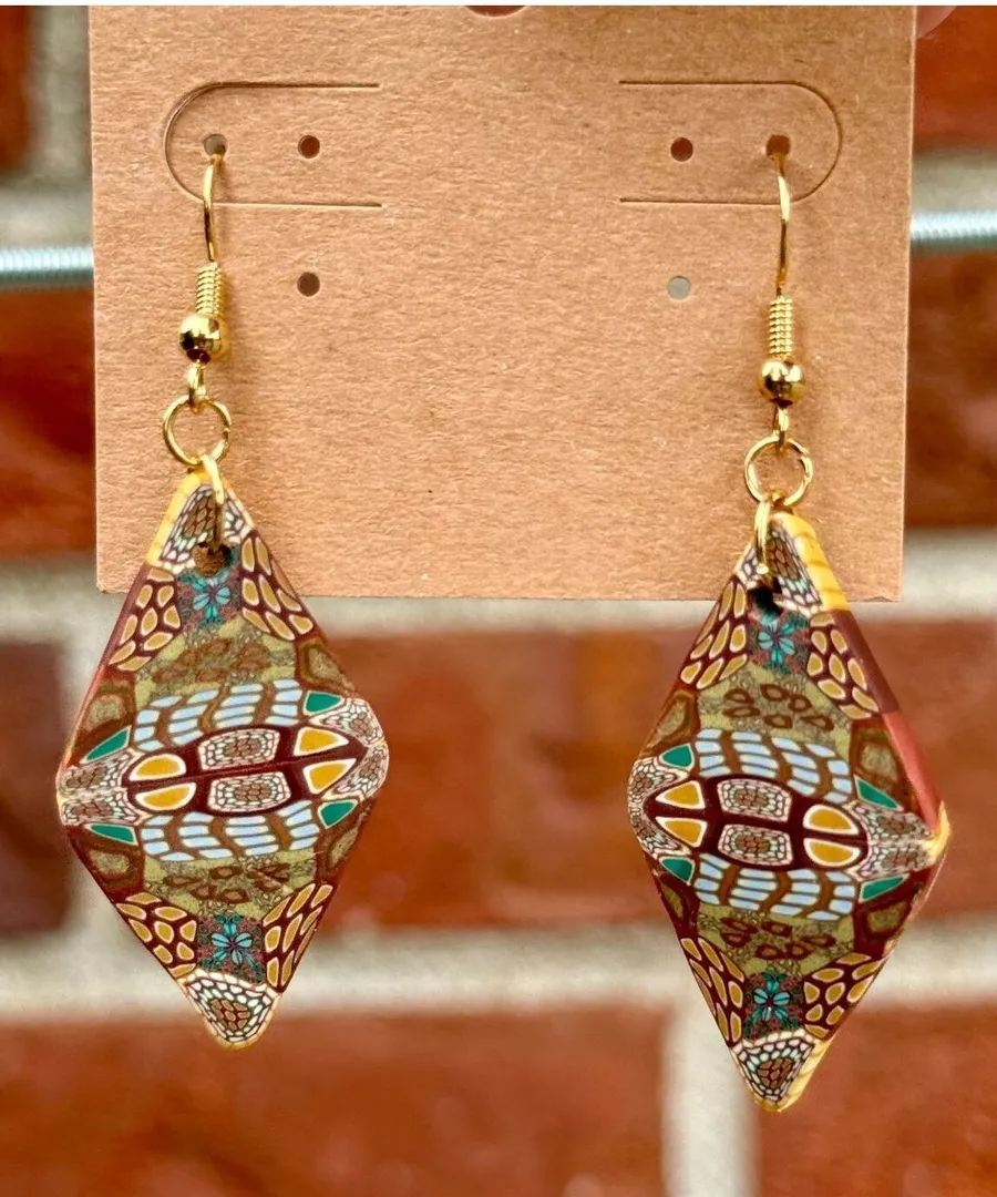 Handmade Polymer Clay Earrings Brown with Funky Designs of Blue and Purple