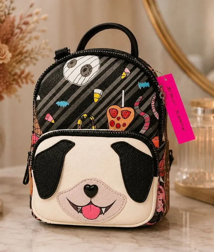 Betsey Johnson Halloween Pug Dog Mini Backpack Candy Corn Vampire NWT