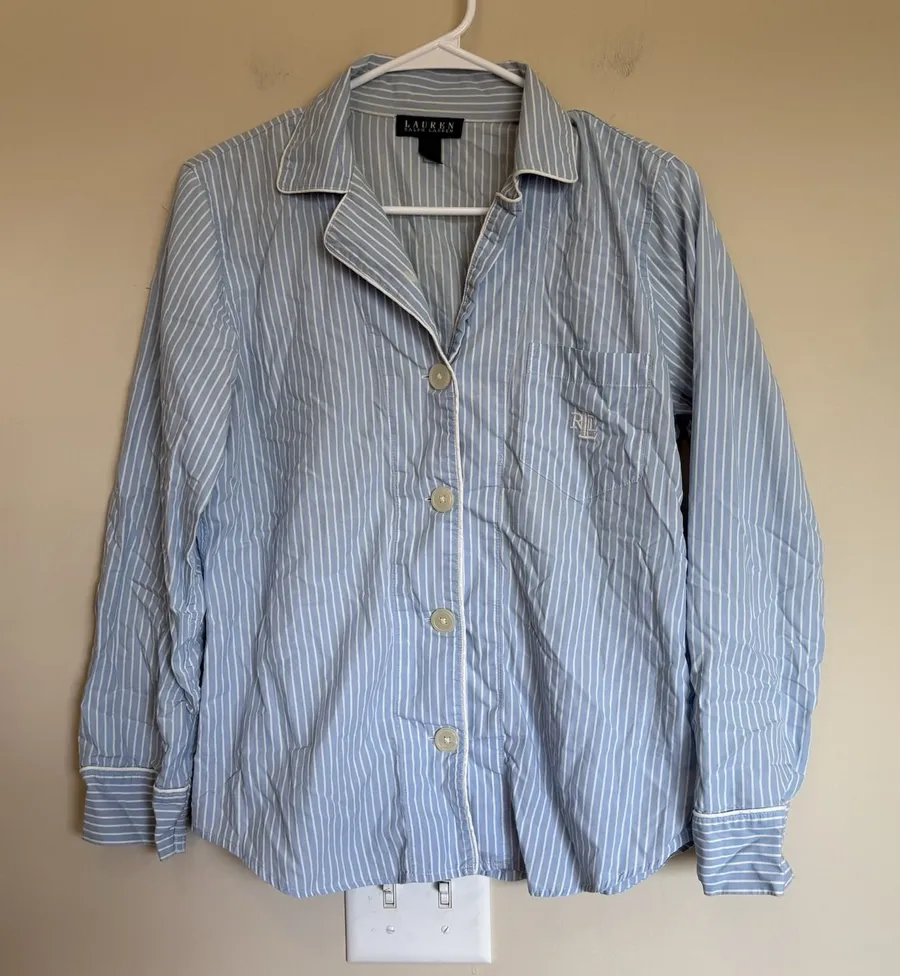 Lauren Ralph Lauren Sz S Button-Front Pajama Shirt Blue Striped Cotton Comfort