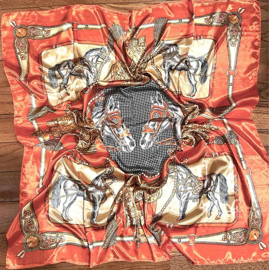 VINTAGE Equestrian ORANGE Horses and Tassels Print silky Scarf 35’/35’