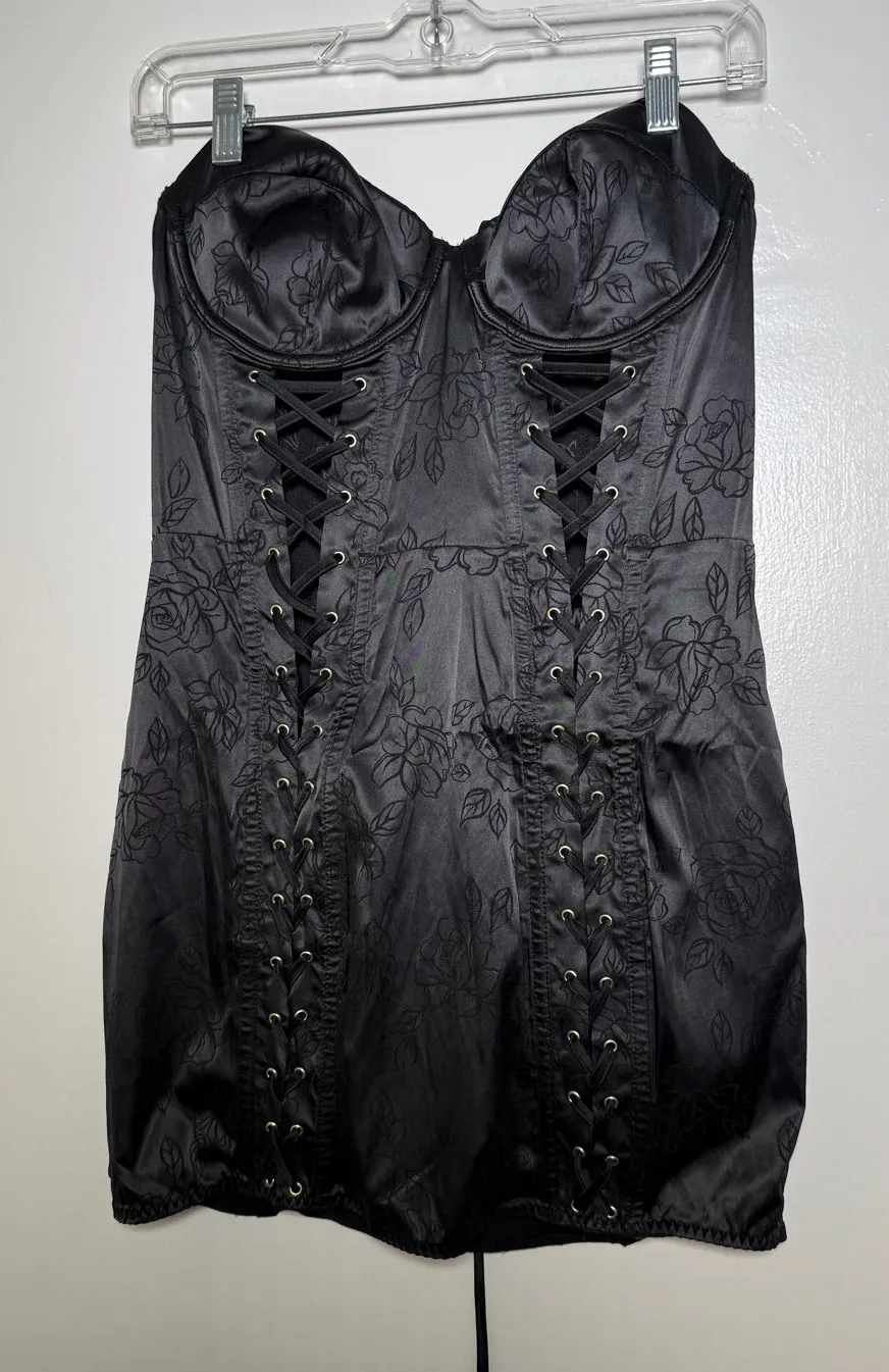 Victoria's Secret Black Lace-Up Bustier Dress with Floral Jacquard Large NWT