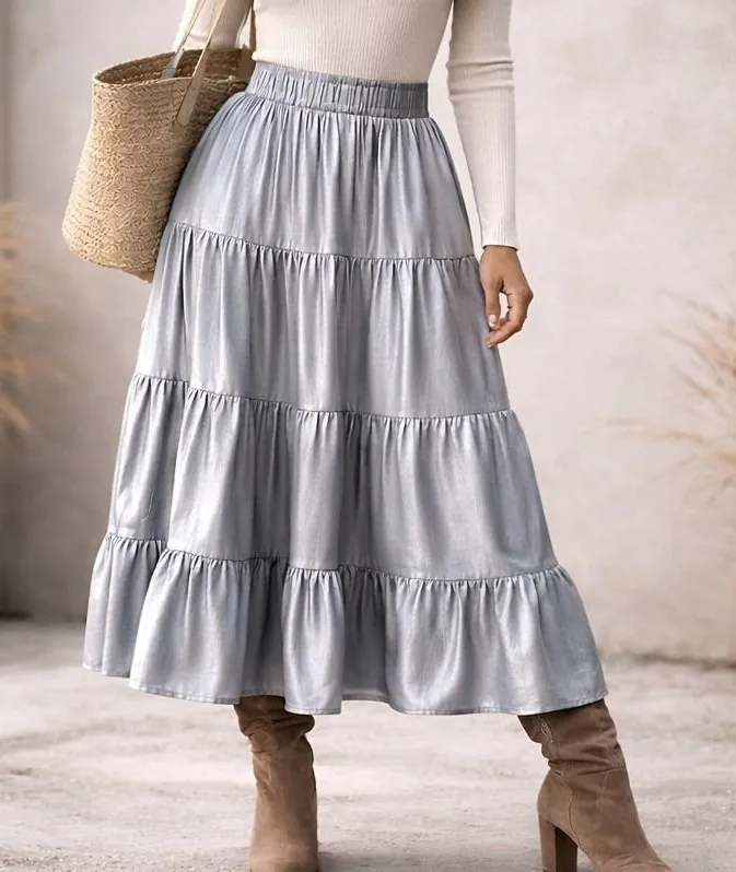 Tahari Tiered Maxi Skirt Metallic Silver Elastic Waist Y3K Boho Chic Clean Girl