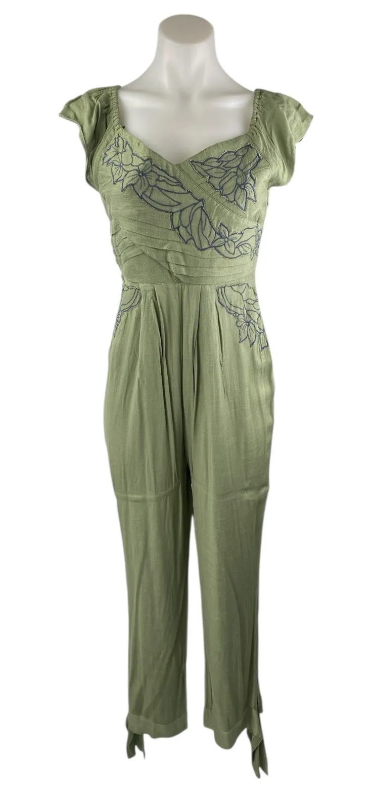 Free People In The Moment Green Floral Embroidered Off The Shoulder Jumpsuit 2