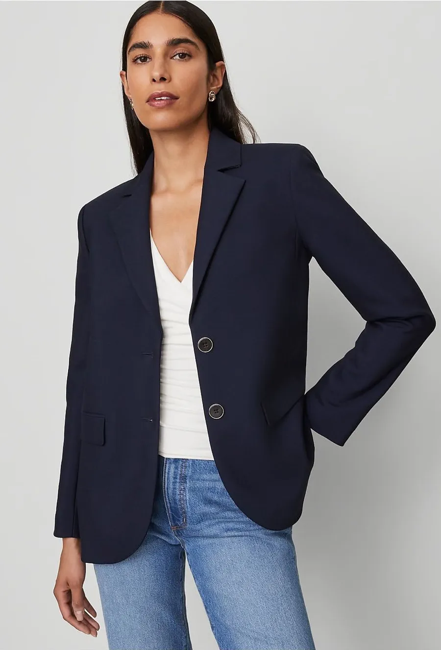 Ann Taylor Madison Blazer Navy 8 Petite Relaxed Fit Business Casual Work Office