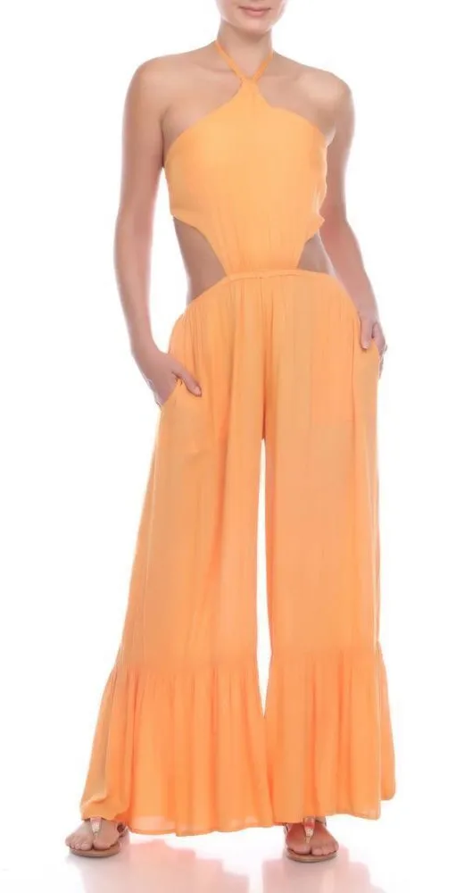 Boho Me NWT peach halter cutout wide leg cropped jumpsuit