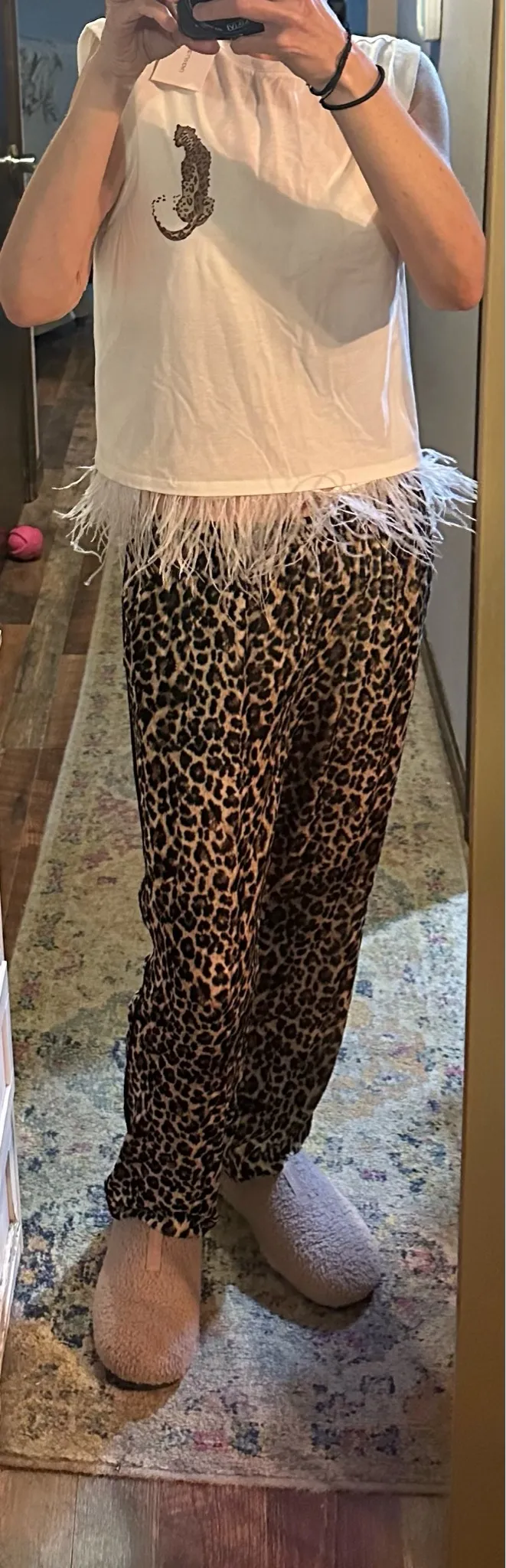 Adrienne Landau White Sleeveless Feather Trim Cropped Top Leopard Patch M