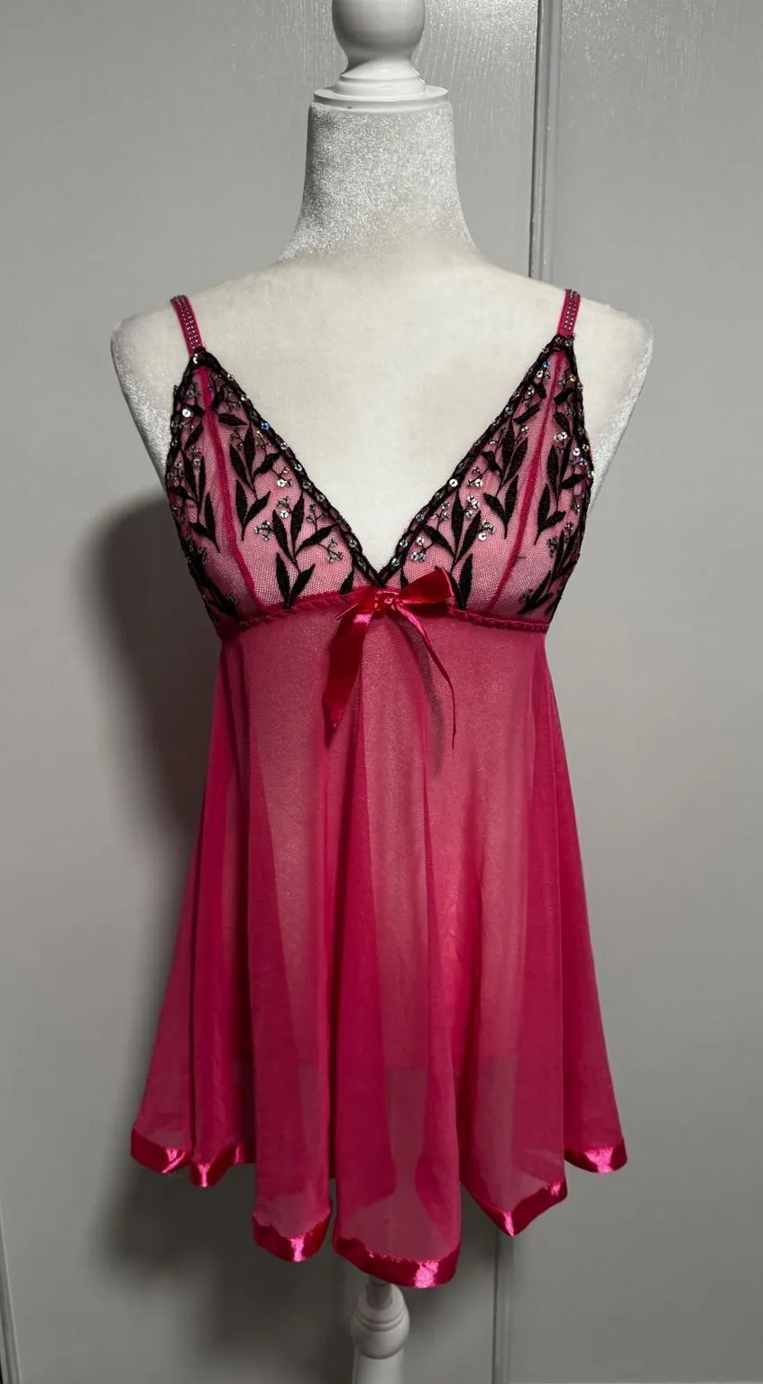 Hot Pink Mesh Babydoll Chemise Sequin Floral Embroidery Rhinestone Straps Medium