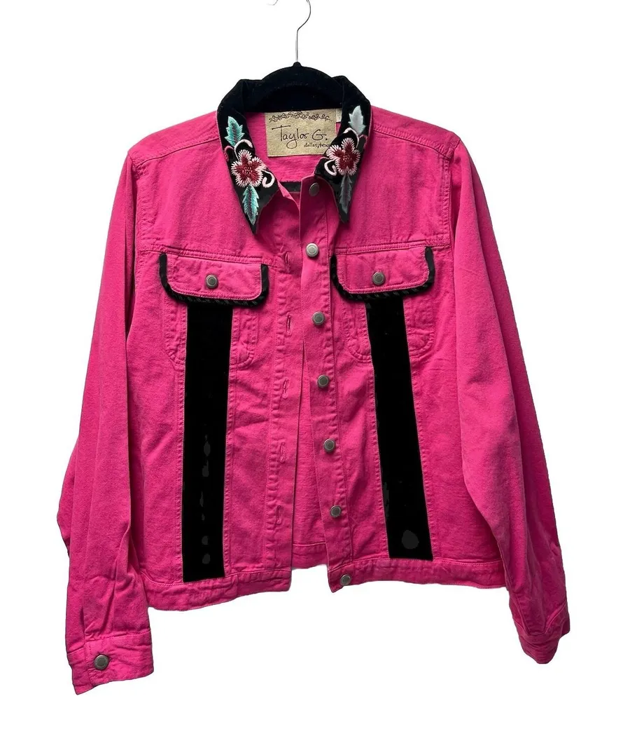 Taylor G. XL Pink Denim Jacket Embroidered Rockabilly Cowgirl Dallas Artsy Funky