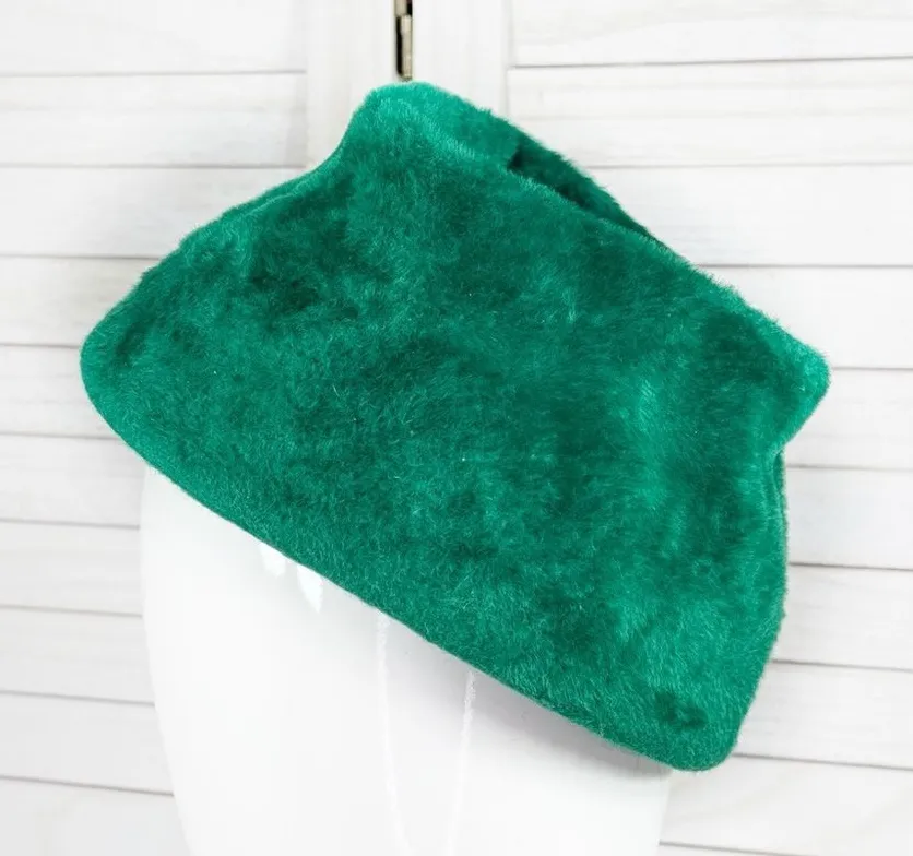 Vintage Faux Fur Pillbox Hat Emerald Green Retro MCM 60s Church