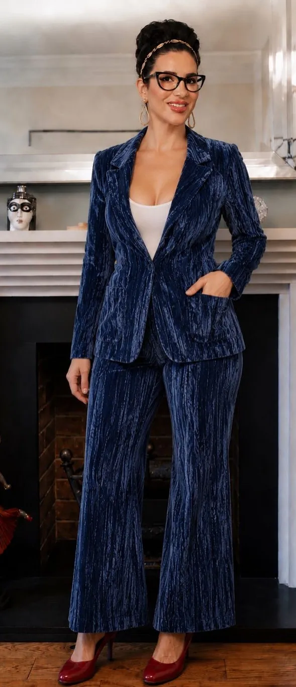 NWOT- Treasure & Bond Blue Crushed Velvet Oversized Pant Suit Wide Leg. Sz 12